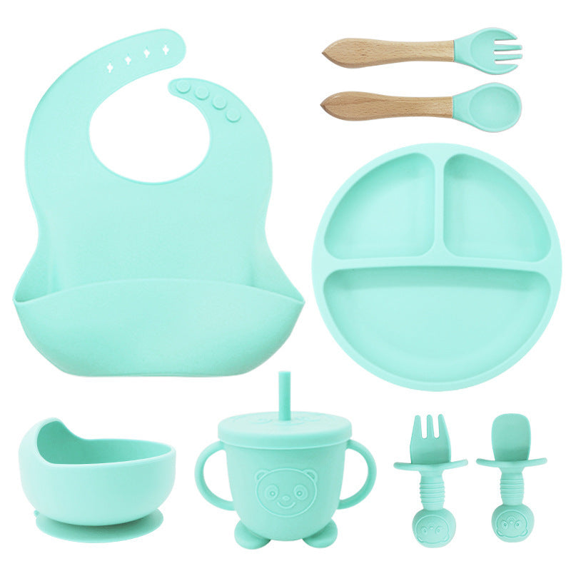 8PCS Mother and baby silicone bibs, silicone dinner plates, eight-piece set, baby food training suction cup bowl, baby divided tableware set - V.I.P Digital Presence