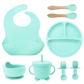 8PCS Mother and baby silicone bibs, silicone dinner plates, eight-piece set, baby food training suction cup bowl, baby divided tableware set - V.I.P Digital Presence