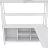Metal loft bed with wardrobe and L-shaped desk, full-size loft bed with storage cabinet and shelf, white - V.I.P Digital Presence