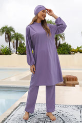 Cap, Drawstring Mock Neck Long Sleeve Top and Pants Swim Set - V.I.P Digital Presence