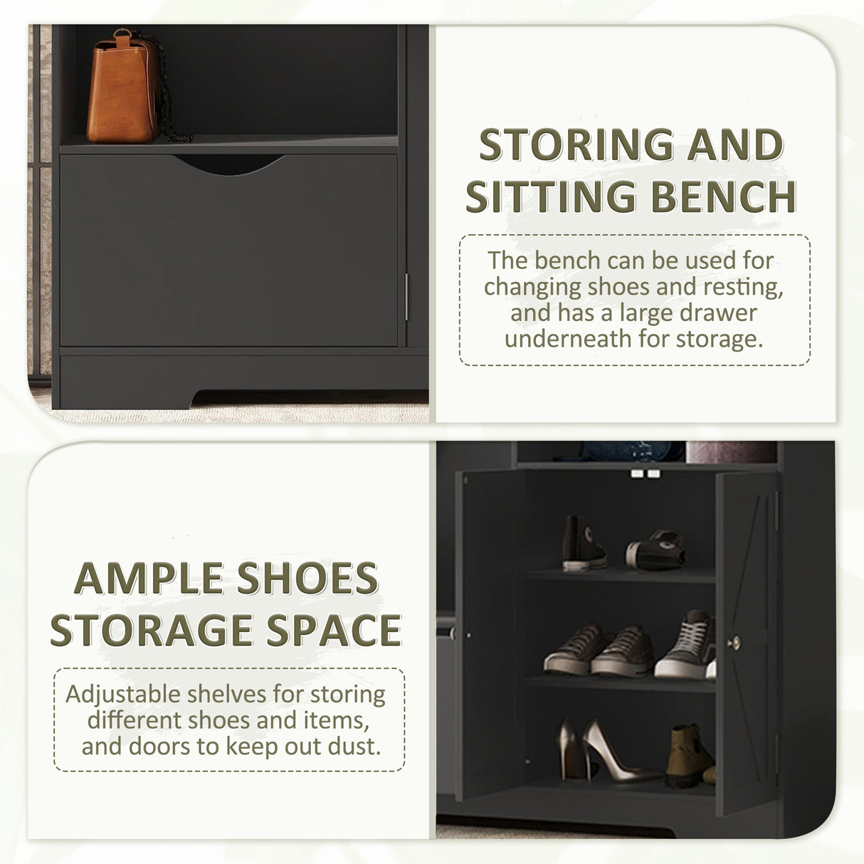 Multi-functional Hall Tree with Storage Shelves Drawers and Cabinet, Elegant Hallway Shoe Cabinet with Bench Modern Black - V.I.P Digital Presence