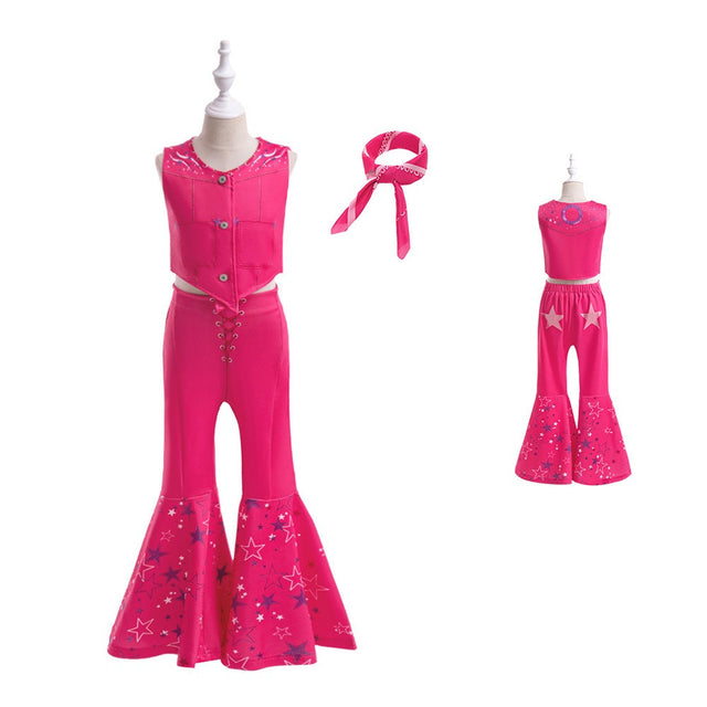 Cosplay movie Barbie with silk scarf three piece set children's sleeveless party dress printed performance outfit - V.I.P Digital Presence