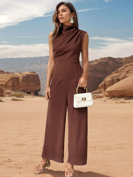 Ruched Mock Neck Sleeveless Jumpsuit - V.I.P Digital Presence