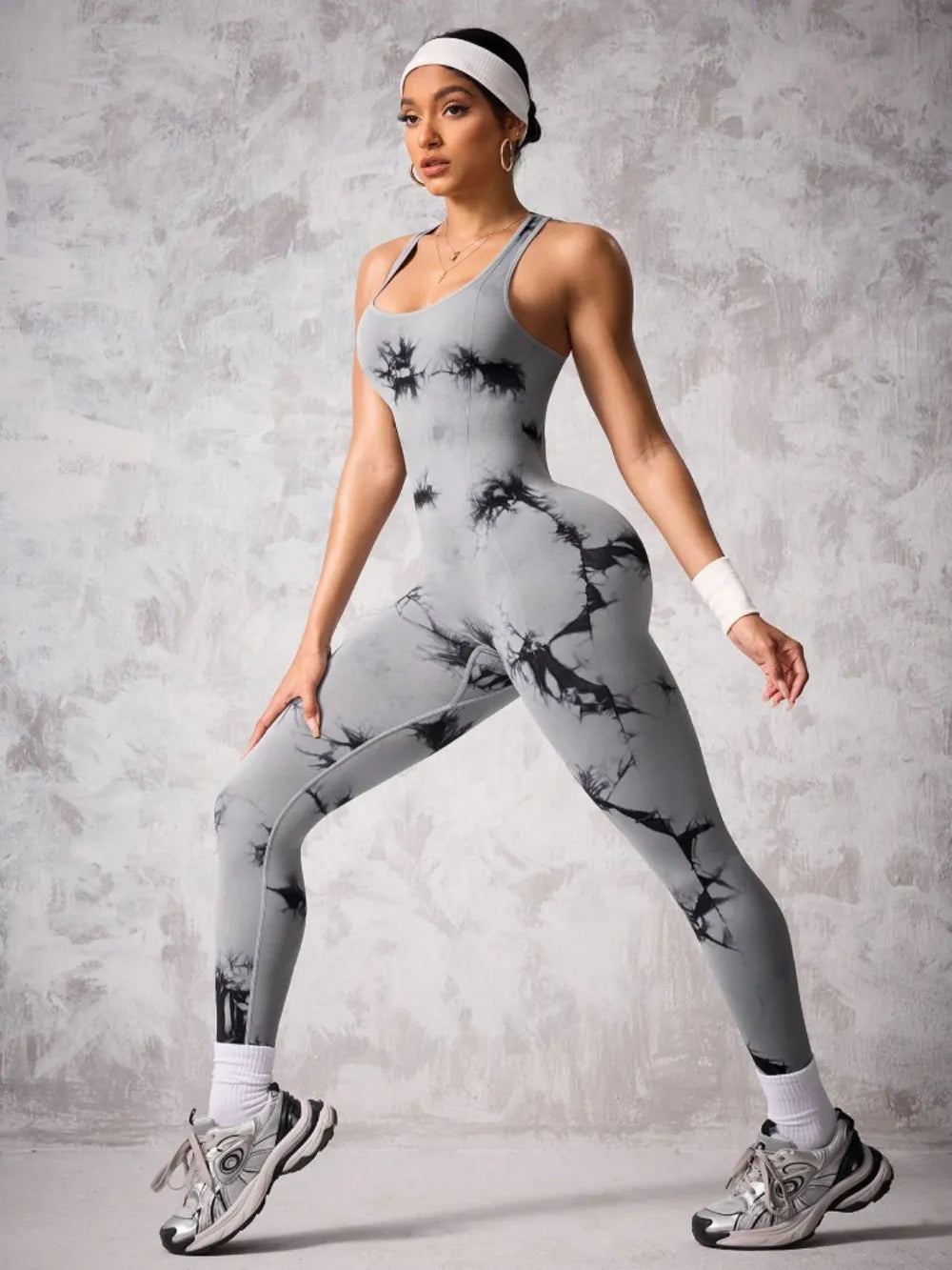 Back Crisscross Tie-Dye Scoop Neck Active Jumpsuit - V.I.P Digital Presence