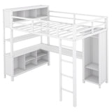 Metal loft bed with wardrobe and L-shaped desk, full-size loft bed with storage cabinet and shelf, white - V.I.P Digital Presence
