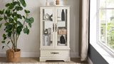 Light colored glass cabinet Curio display cabinet with adjustable glass frame, 2 doors and 1 drawer, including white light bulbs - V.I.P Digital Presence