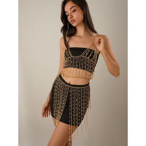 Fashionable electroplated metal aluminum chain geometric set clothing with simple tassel imitation pearl waist chain - V.I.P Digital Presence