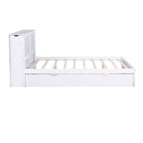 Queen Size Storage Platform Bed with Pull Out Shelves and Twin XL Size Trundle  White