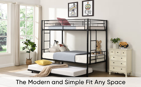 Twin bunk bed frame with trailer, metal bunk bed with sturdy guardrail and side ladder, can be divided into two beds, black - V.I.P Digital Presence