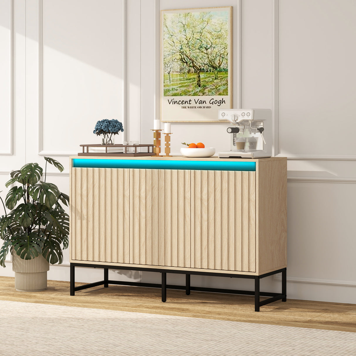 Engraved 3-door side panel with LED, self-service cabinet storage cabinet, modern coffee bar cabinet with adjustable shelf - V.I.P Digital Presence