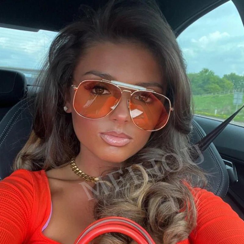 Metal Frame Pilot Sunglasses For Women Double Bridge Champagne Sun Glasses Woman Luxury Square Clear Oversize Shades - V.I.P Digital Presence