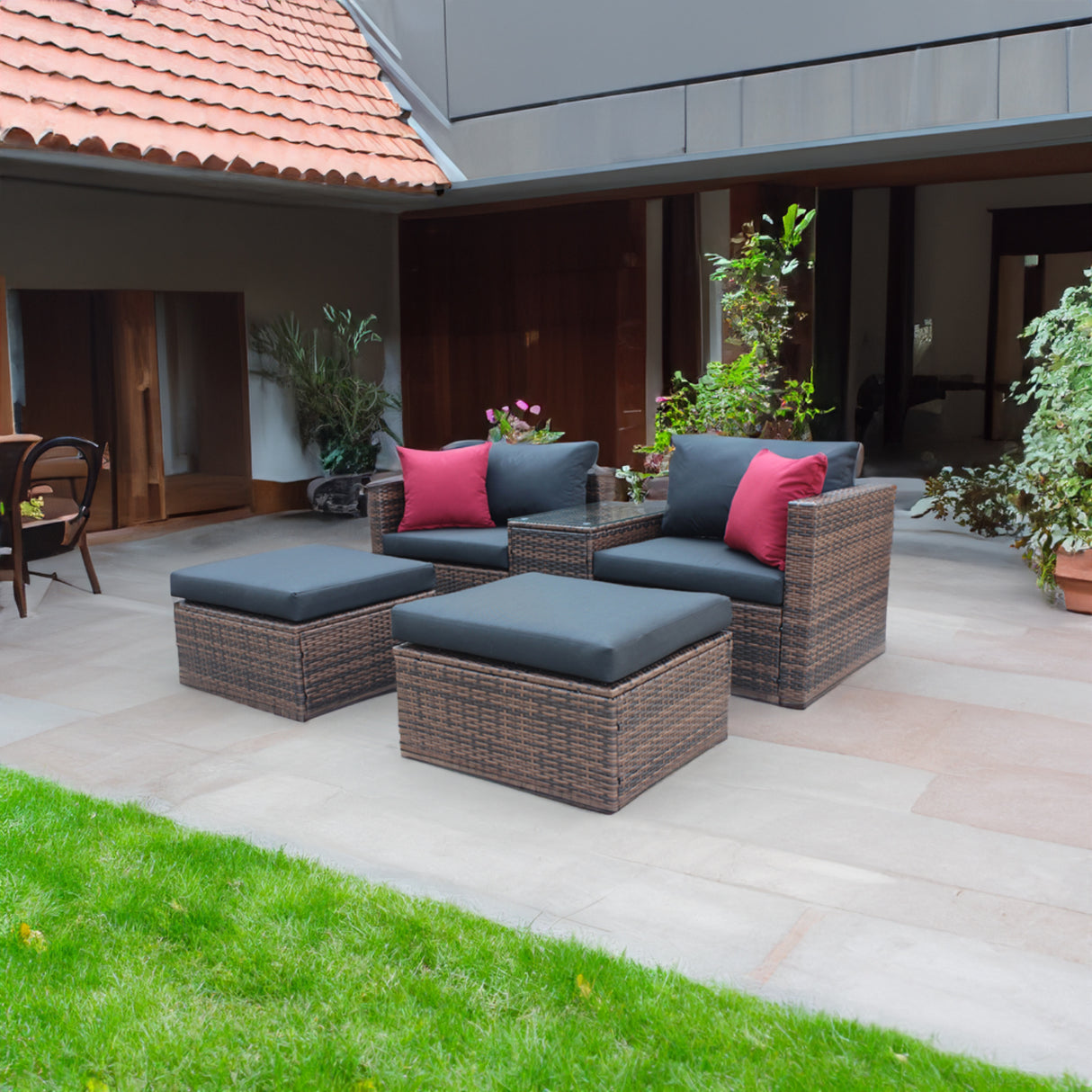 5 Pieces Outdoor Patio Garden Brown Wicker Sectional Conversation Sofa Set - V.I.P Digital Presence
