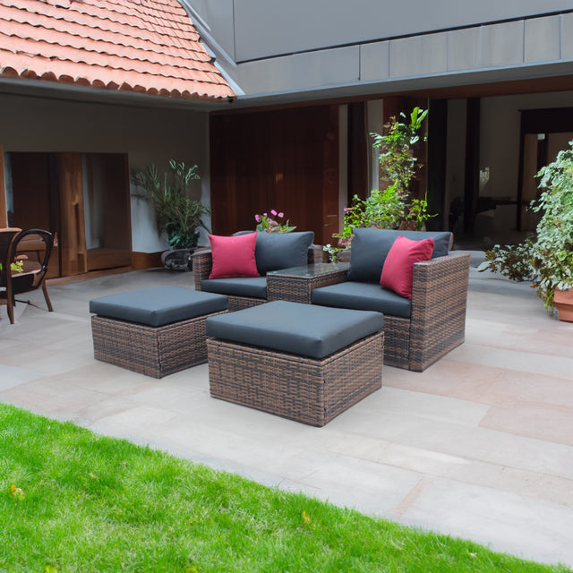 5 Pieces Outdoor Patio Garden Brown Wicker Sectional Conversation Sofa Set - V.I.P Digital Presence