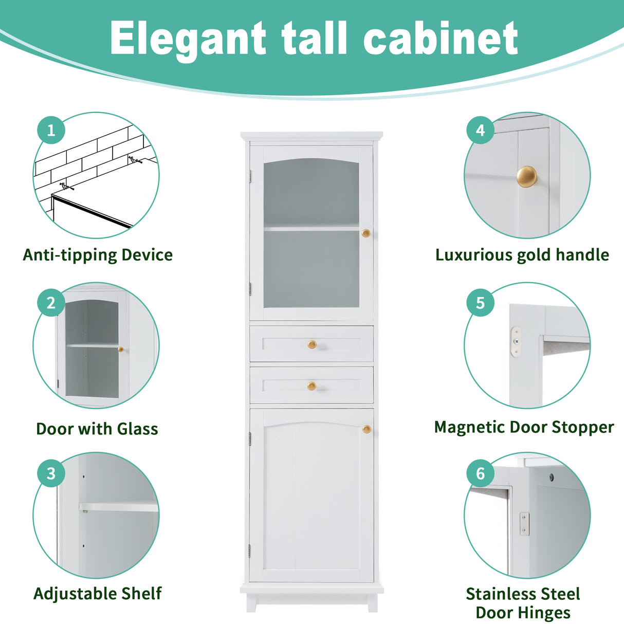 High bathroom storage cabinet with glass door, freestanding, two drawers and adjustable shelves, MDF board, painted white - V.I.P Digital Presence