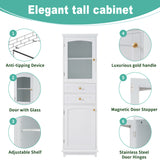 High bathroom storage cabinet with glass door, freestanding, two drawers and adjustable shelves, MDF board, painted white - V.I.P Digital Presence