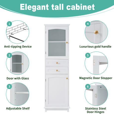 High bathroom storage cabinet with glass door, freestanding, two drawers and adjustable shelves, MDF board, painted white - V.I.P Digital Presence
