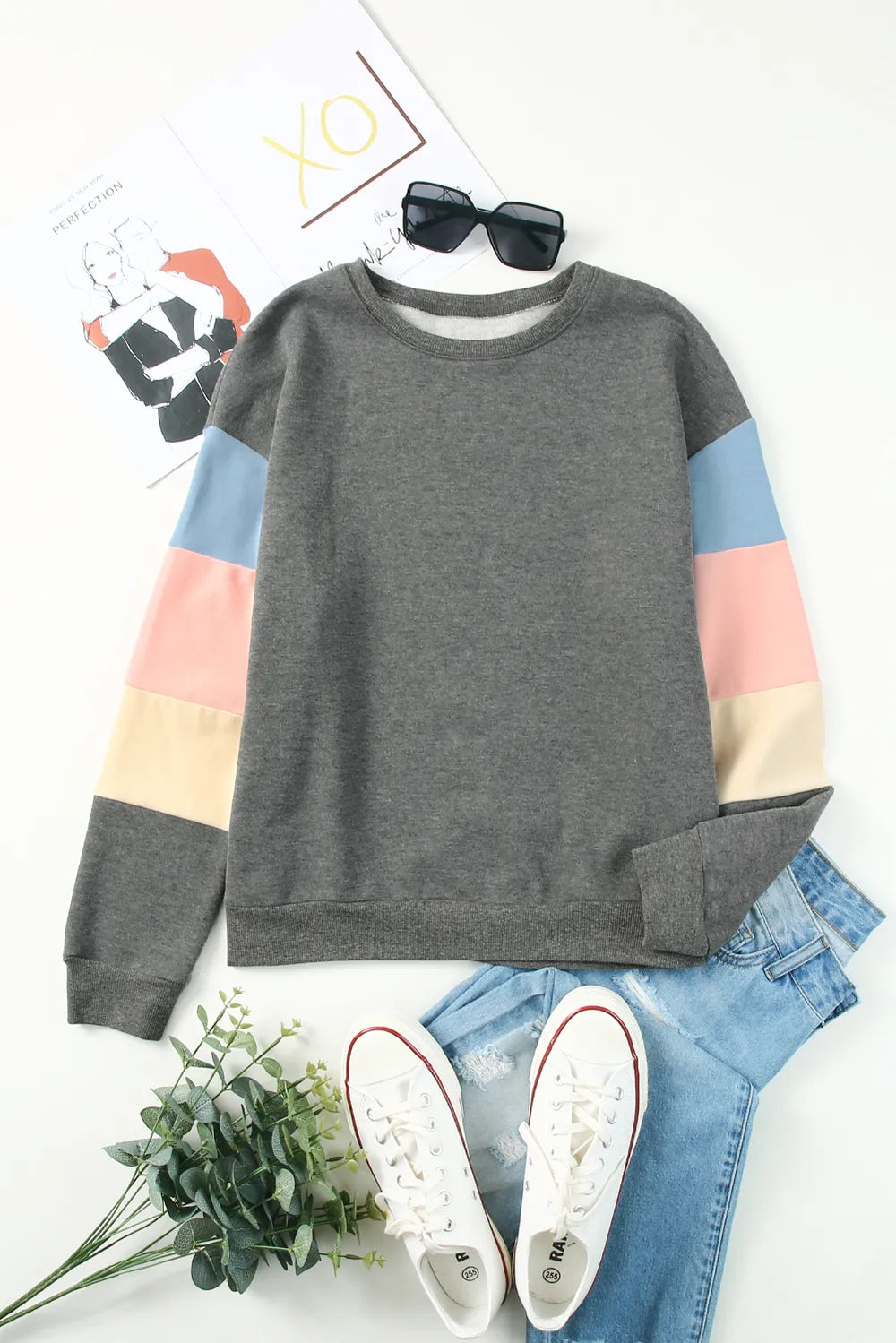 Color Block Round Neck Long Sleeve Sweatshirt - V.I.P Digital Presence