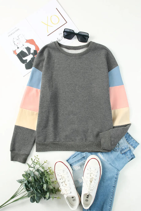 Color Block Round Neck Long Sleeve Sweatshirt - V.I.P Digital Presence