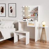 Vanity Desk Set Stool & Dressing Table with LED Lighting Mirror Drawer and Wood Cosmetic Table Chest of Drawers White Color - V.I.P Digital Presence