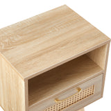 15.75" Rattan End table with drawer and solid wood legs Modern nightstand side table for living room natural - V.I.P Digital Presence