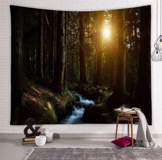 Hermoso tapiz de pared grande con estampado de bosque natural, decoración artística de pared 