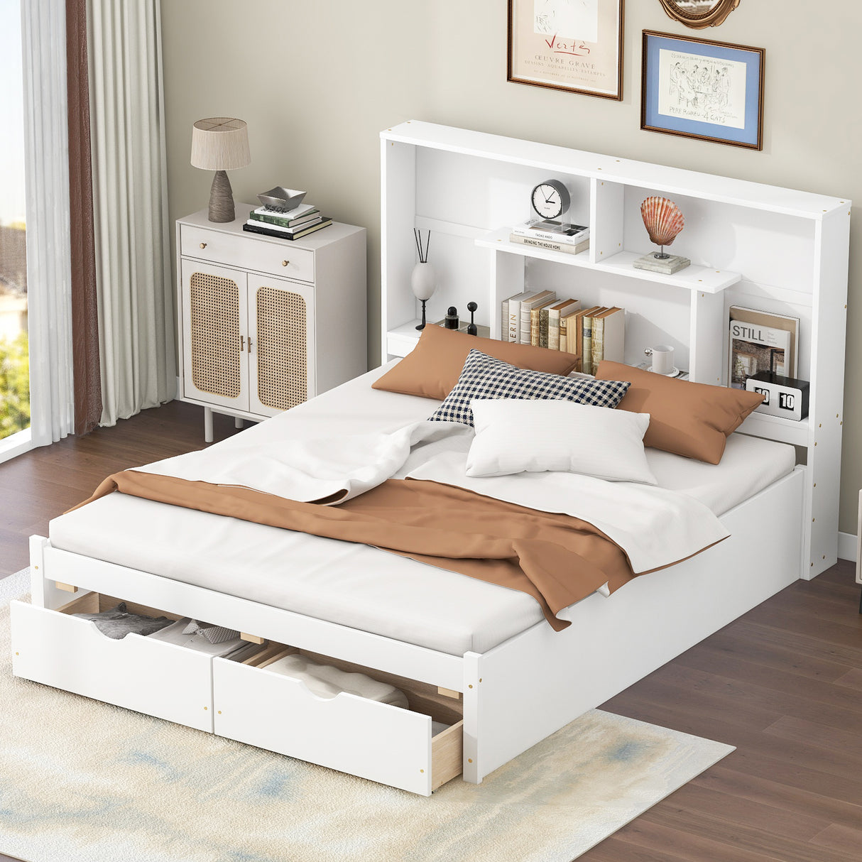 Queen Size Platform Bed with Storage Headboard and 2 Drawers, White - V.I.P Digital Presence