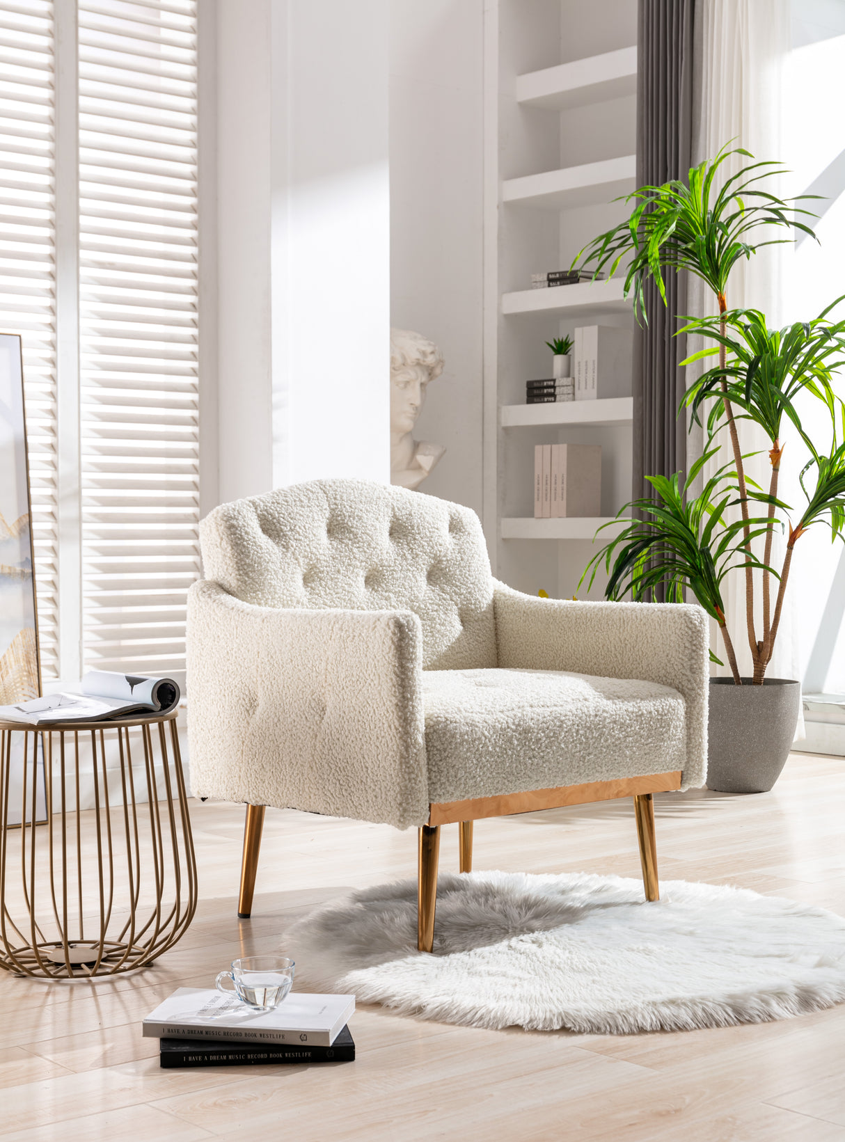 COOLMORE modern style armchair, plush decorative fabric armchair with golden metal legs (white teddy bear) - V.I.P Digital Presence