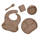 Juego de vajilla de silicona para niños, vajilla de alimentación complementaria para bebés, con bolsillo para saliva, ventosa, tazón, cuchara, plato de cena, babero, juego de 5 piezas