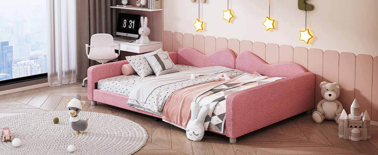 Full size Upholstered Daybed, Sherpa Fabric Sofabed with Cloud-Shaped Backrest, No Box-spring Needed, Pink - V.I.P Digital Presence