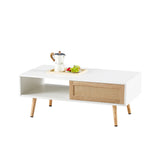 41.34" Rattan Coffee table sliding door for storage solid wood legs White - V.I.P Digital Presence