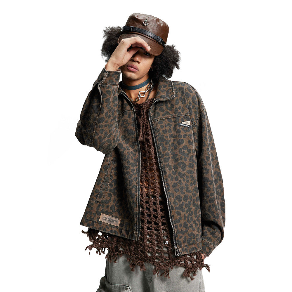 Leopard Print Denim Jacket   Style Men's Punk Spring and Autumn Loose Casual Washed Open Front Zipper Collar Outerwear - V.I.P Digital Presence