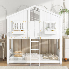 Twin over Twin House Bunk Bed with Roof , Window, Window Box, Door , with Safety Guardrails and Ladder,White - V.I.P Digital Presence