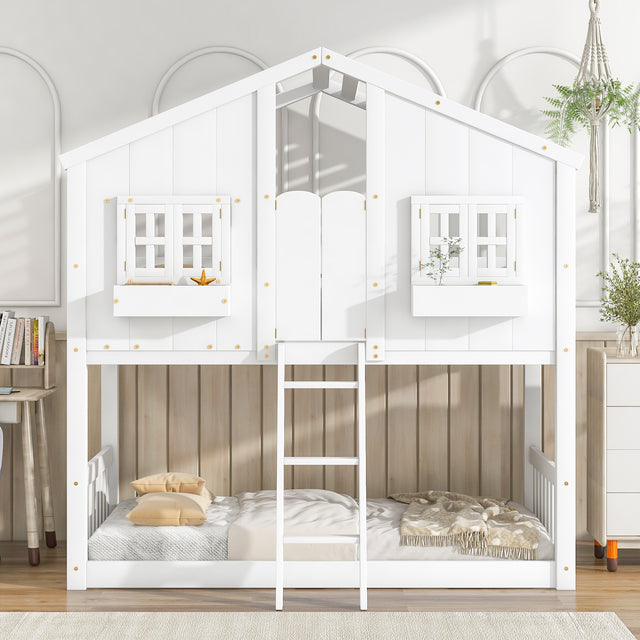 Twin over Twin House Bunk Bed with Roof , Window, Window Box, Door , with Safety Guardrails and Ladder,White - V.I.P Digital Presence