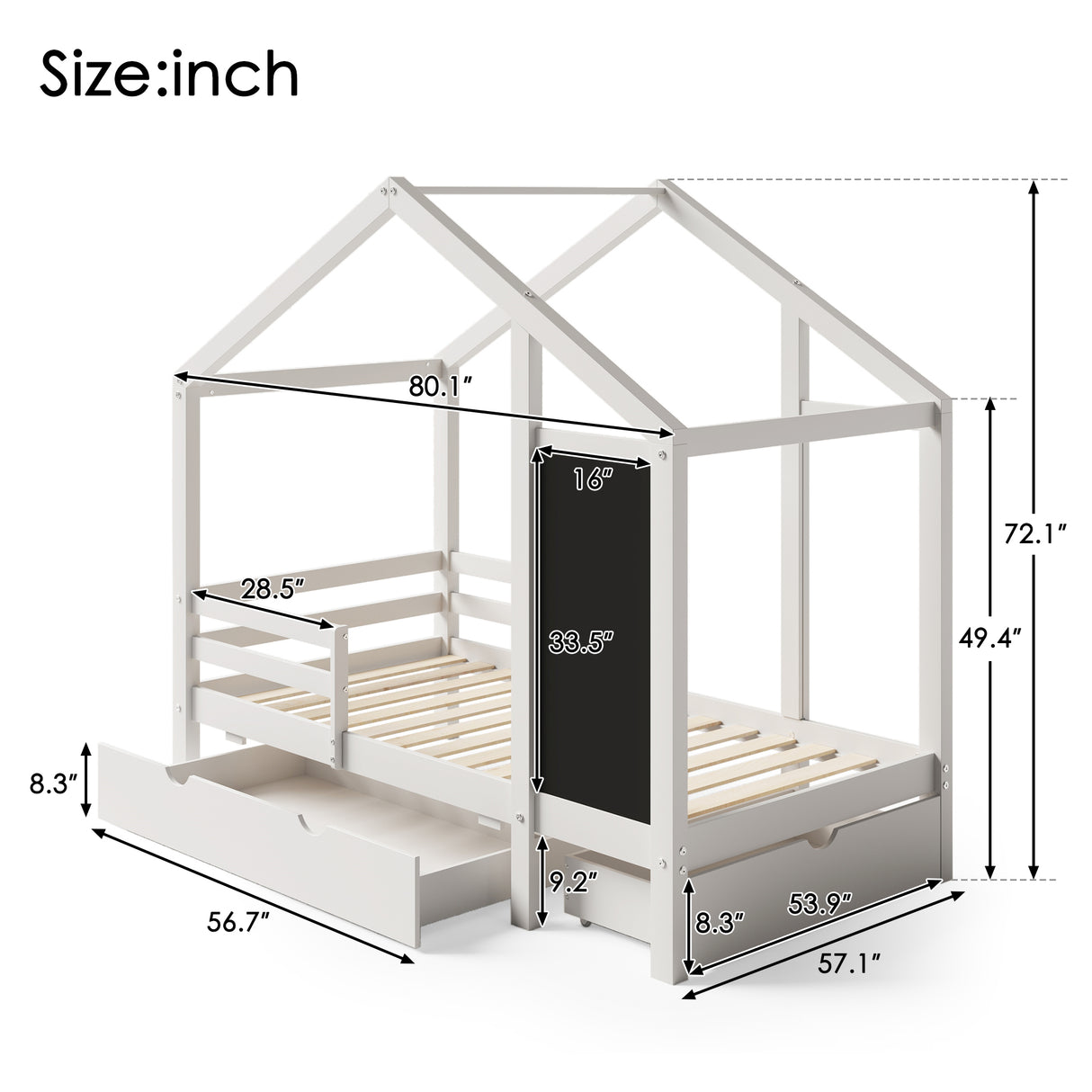 Full House Bed with Blackboard and Drawers Two assembly options White - V.I.P Digital Presence