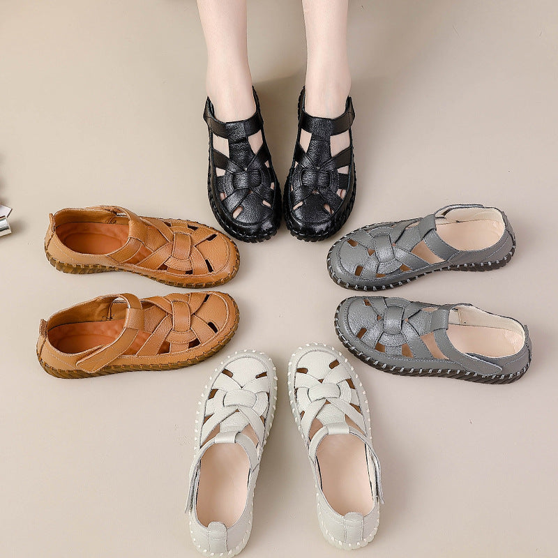 Leather perforated shoes with hollowed out toe caps for women soft soled non slip flat sandals for women - V.I.P Digital Presence