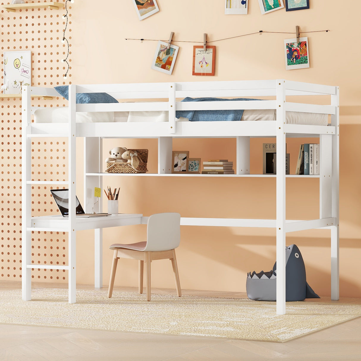 Twin Loft Bed with built-in desk and bookcase of three compartments, Guardrails and Ladder,White - V.I.P Digital Presence