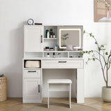 Vanity table with large sliding lighted mirror dressing table with 2 drawers storage shelves and upholstered stool white color
