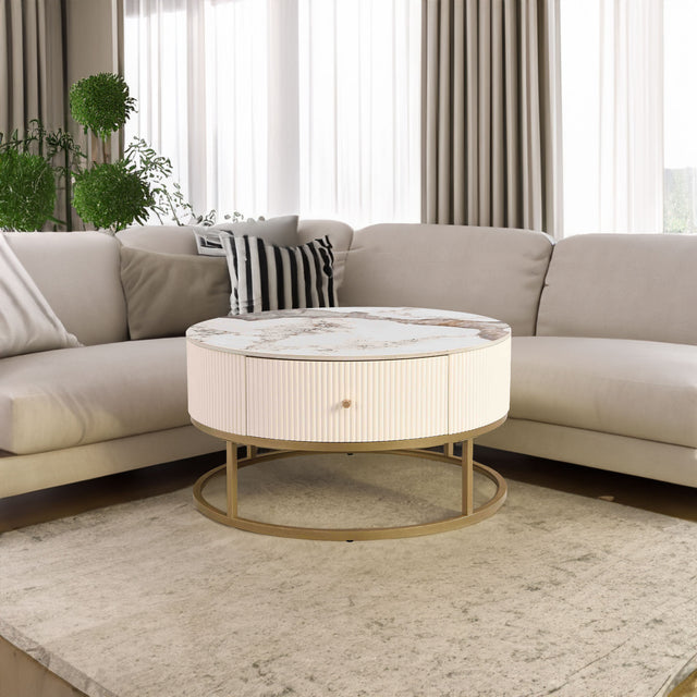31.5 Inch Modern Round Coffee Table with Drawers, Marble Table with Storage, Coffee Table for Living Room - V.I.P Digital Presence