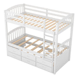 Twin over Twin Wood Bunk Bed with Trundle and Drawers White