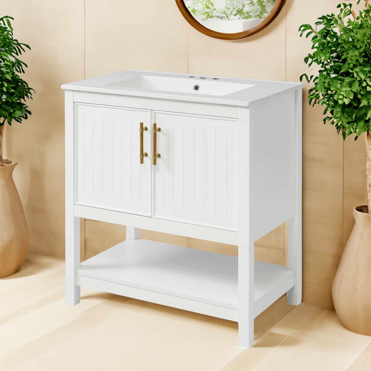 30-Inch White Bathroom Vanity with Ceramic Sink and Versatile Storage - Ideal for Small Bathrooms - V.I.P Digital Presence