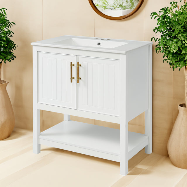 30-Inch White Bathroom Vanity with Ceramic Sink and Versatile Storage - Ideal for Small Bathrooms - V.I.P Digital Presence