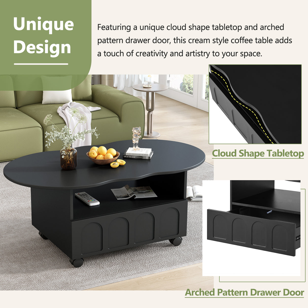 ON-TRANS flexible cream style coffee table with 2 brake wheels, drawers, large storage space,black, 39.37 '' x 23.6 '' - V.I.P Digital Presence