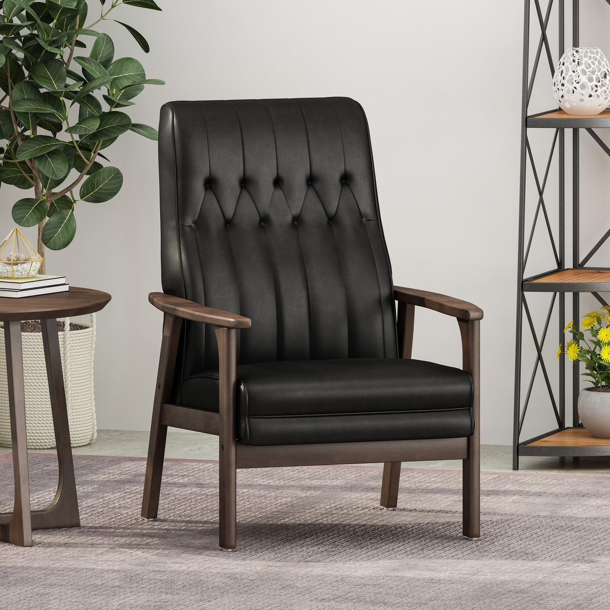 Mid Century Modern Upholstered Accent Chair, Matte Black Faux Leather - V.I.P Digital Presence