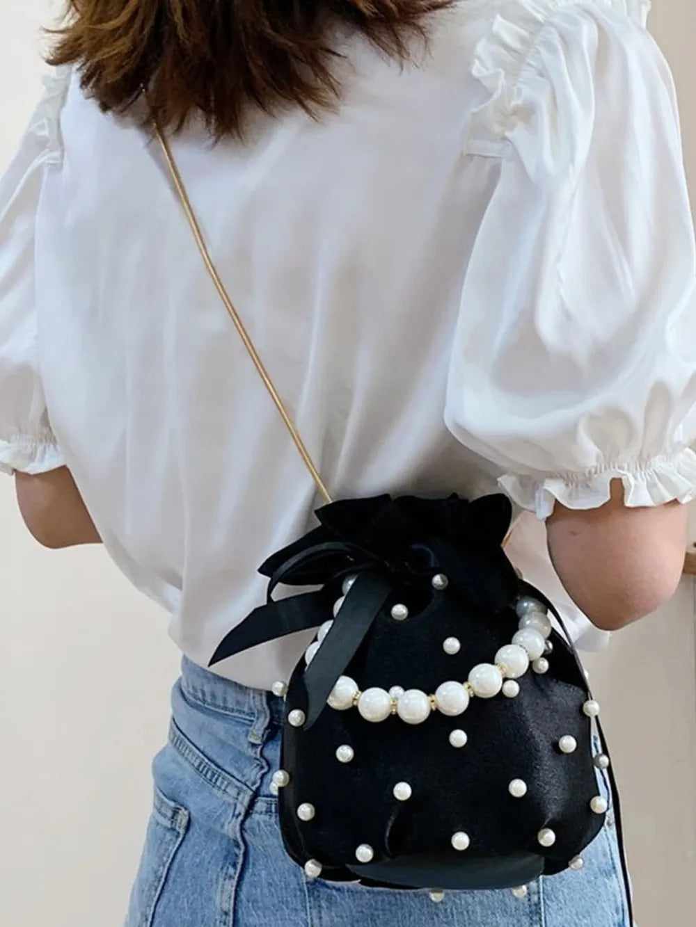 Pearl Detail Solid Color Bucket Bag - V.I.P Digital Presence