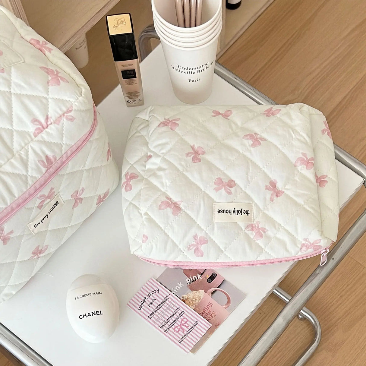 Cute Bow Flower Quilting Cotton Makeup Bag Women Zipper Cosmetic Organizer Female Cloth Handbag Portable Toiletry Case for Girls - V.I.P Digital Presence