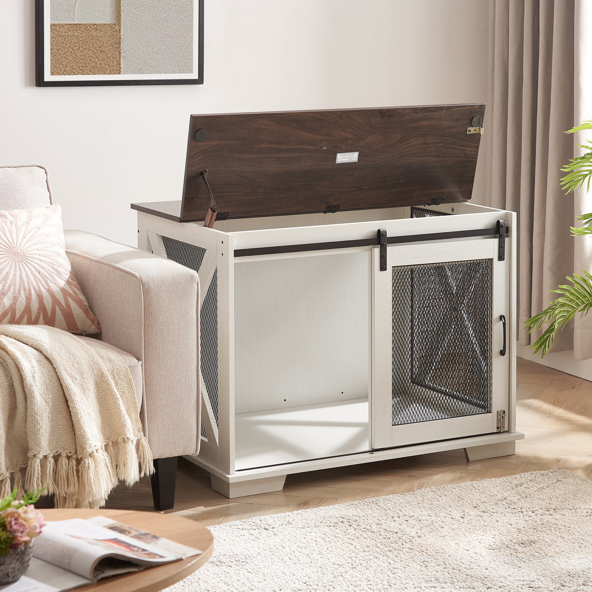 Farm kennel Flat noodles furniture with sliding barn door, farm wooden kennel end table, dog house with removable partition - V.I.P Digital Presence