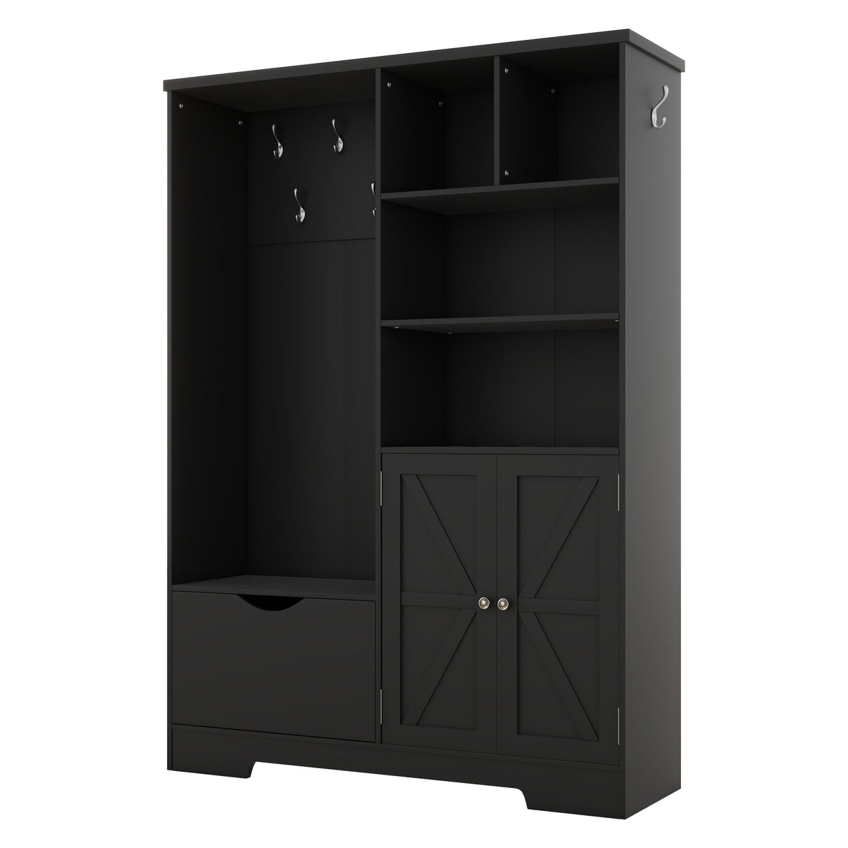 Multi-functional Hall Tree with Storage Shelves Drawers and Cabinet, Elegant Hallway Shoe Cabinet with Bench Modern Black - V.I.P Digital Presence