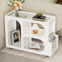 Stylish mobile desk with lockable wheels, white bedside table with 5mm thick grooved tempered glass and gold round bars - V.I.P Digital Presence