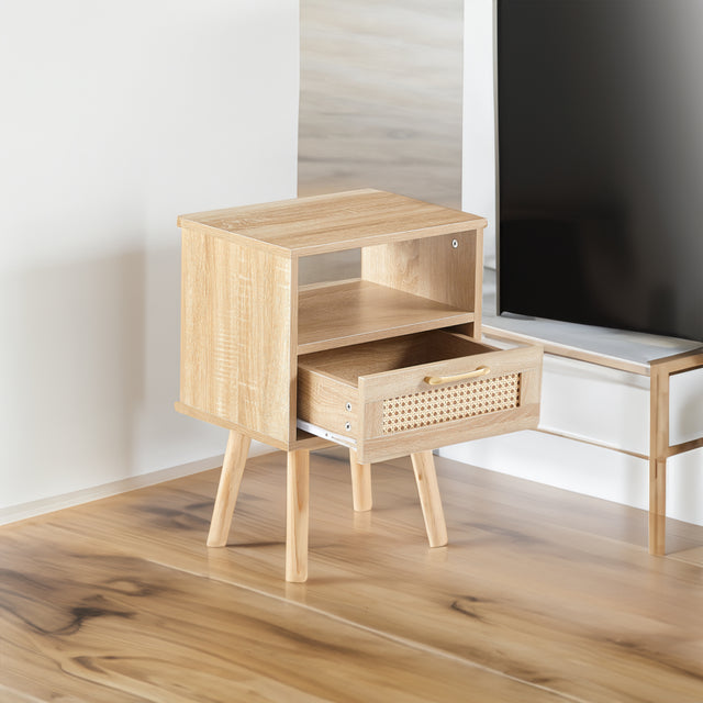 15.75" Rattan End table with drawer and solid wood legs Modern nightstand side table for living room natural - V.I.P Digital Presence