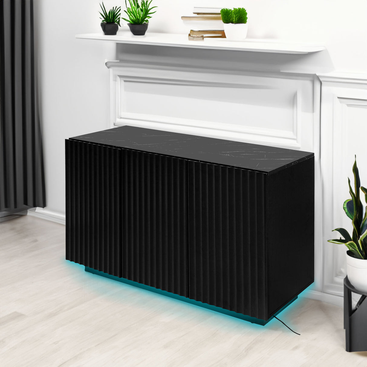 LED Carved Line 3 Door Storage Cabinet,Sideboard Buffet Cabinet With Adjustable Shelf,Large Storage Accent Cabinet - V.I.P Digital Presence